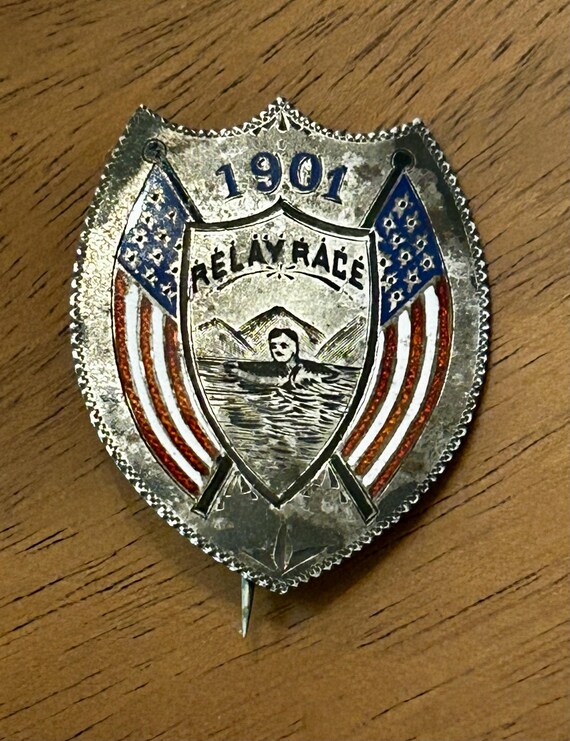 Antique 1901 Relay Race Pin/Brooch Silver Tone with E… - Gem
