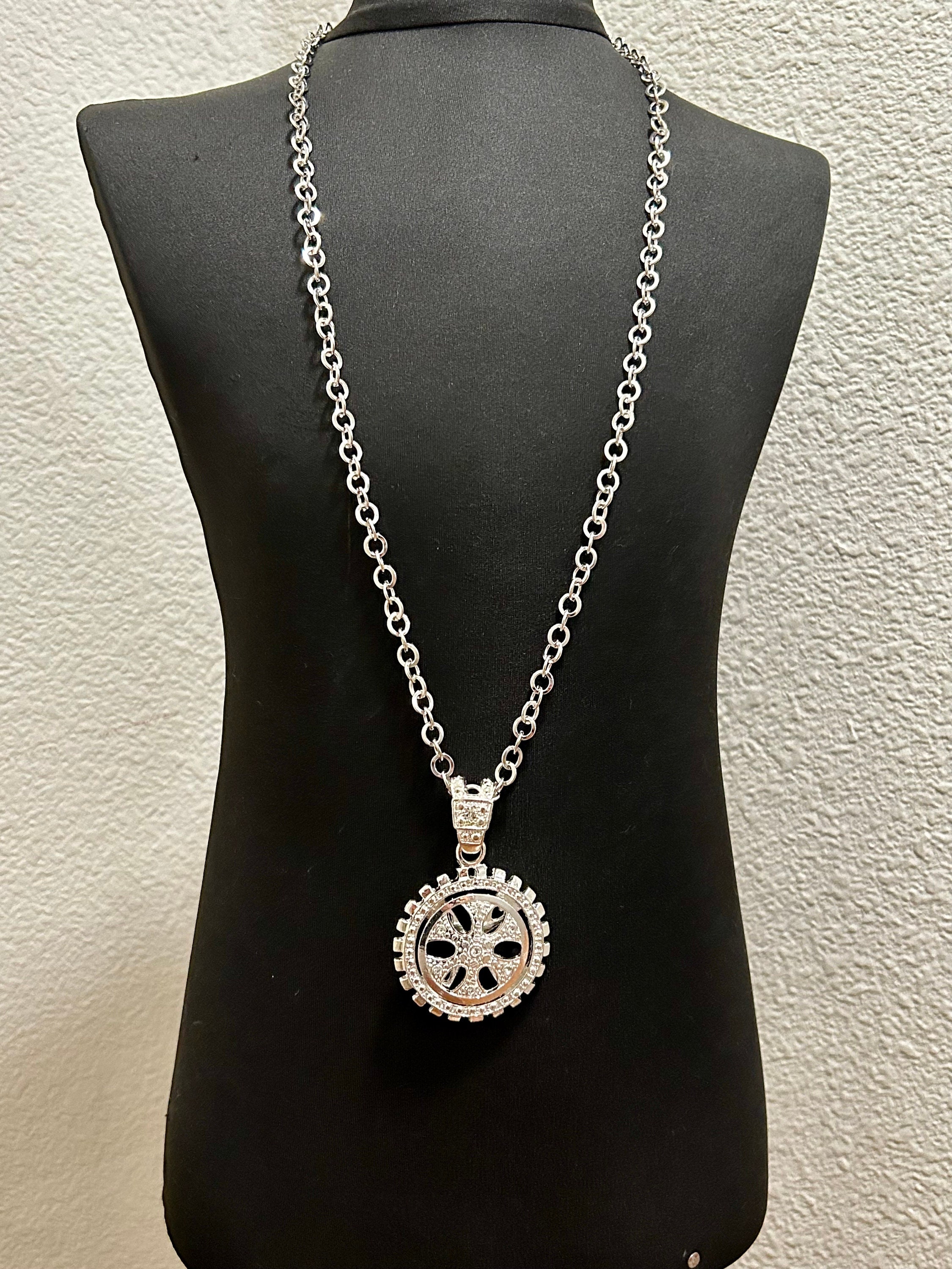 Vintage 1990s Spinner Necklace Silver Tone With Rhinestones Vintage 1990s Spinner Necklace Silver Tone With Rhinestones