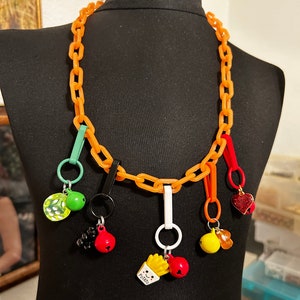 Handmade 80s Style Bell Charm Necklace: Plastic Chain, Clip Charms