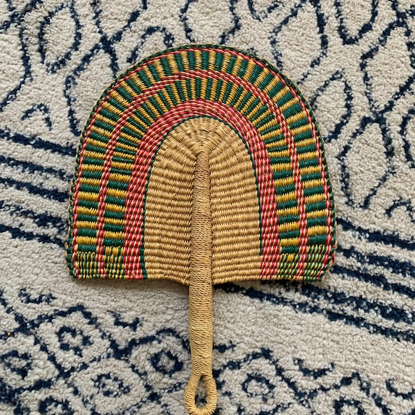 Vintage African Bolga Hand Fan Woven Wicker Raffia Handmade