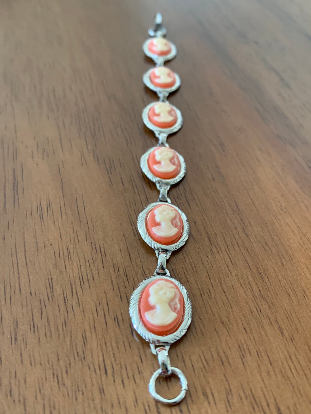 Cameo Bracelet Vintage Cameo Victorian Style 1980s Bracelet Silver Tone 7in. Hinge Clip