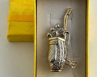 Vintage Signed LC Liz Claiborne Gold and Silver Tone Golf Bag with Clubs Brooch