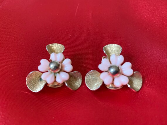 Boucles D'oreilles Anciennes Plaqué Or Et Bakélite Verte & Rose - Pendantes Style Vintage - Fermoir Dormeuse