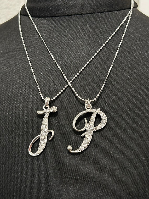 Vintage 1990s Rhinestone Initial Necklace: Silver Tone