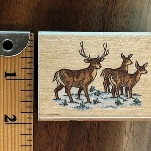 May include: A rectangular wooden stamp featuring a brown illustration of three deer in a snowy field. The stamp measures approximately 2 inches in length and is next to a ruler.