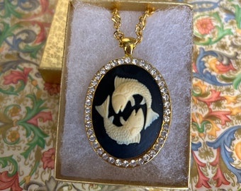 Zodiac Sign Cameo Necklace Gold Tone with Rhinestones Oval Shaped GORGEOUS 1990s New Old Stock includes Chain and Pendant with Gift Box