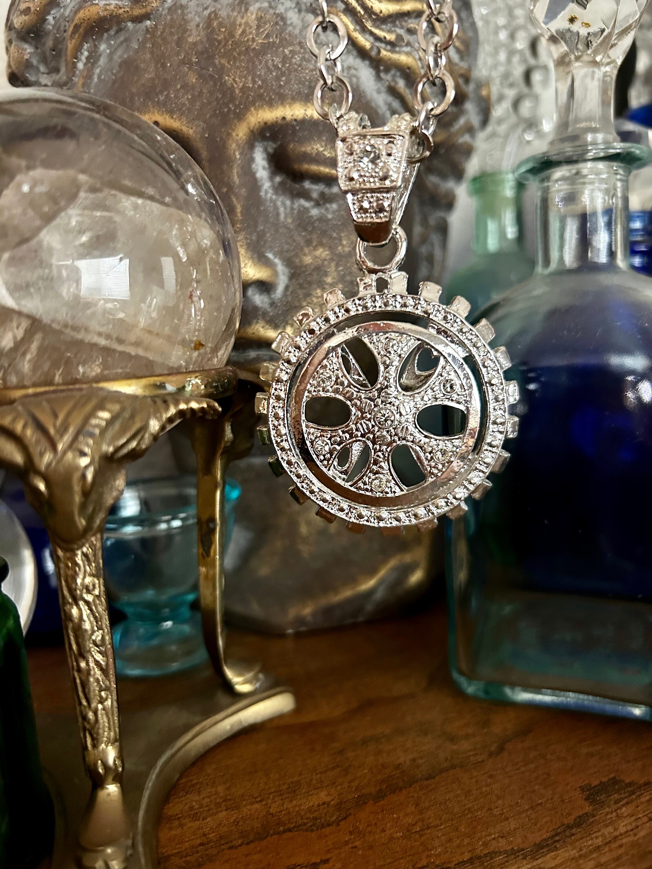Vintage 1990s Spinner Necklace Silver Tone With Rhinestones Vintage 1990s Spinner Necklace Silver Tone With Rhinestones