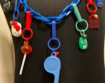 Handmade 80s Style Charm Necklace: Bell Clip Charms, 25in Plastic