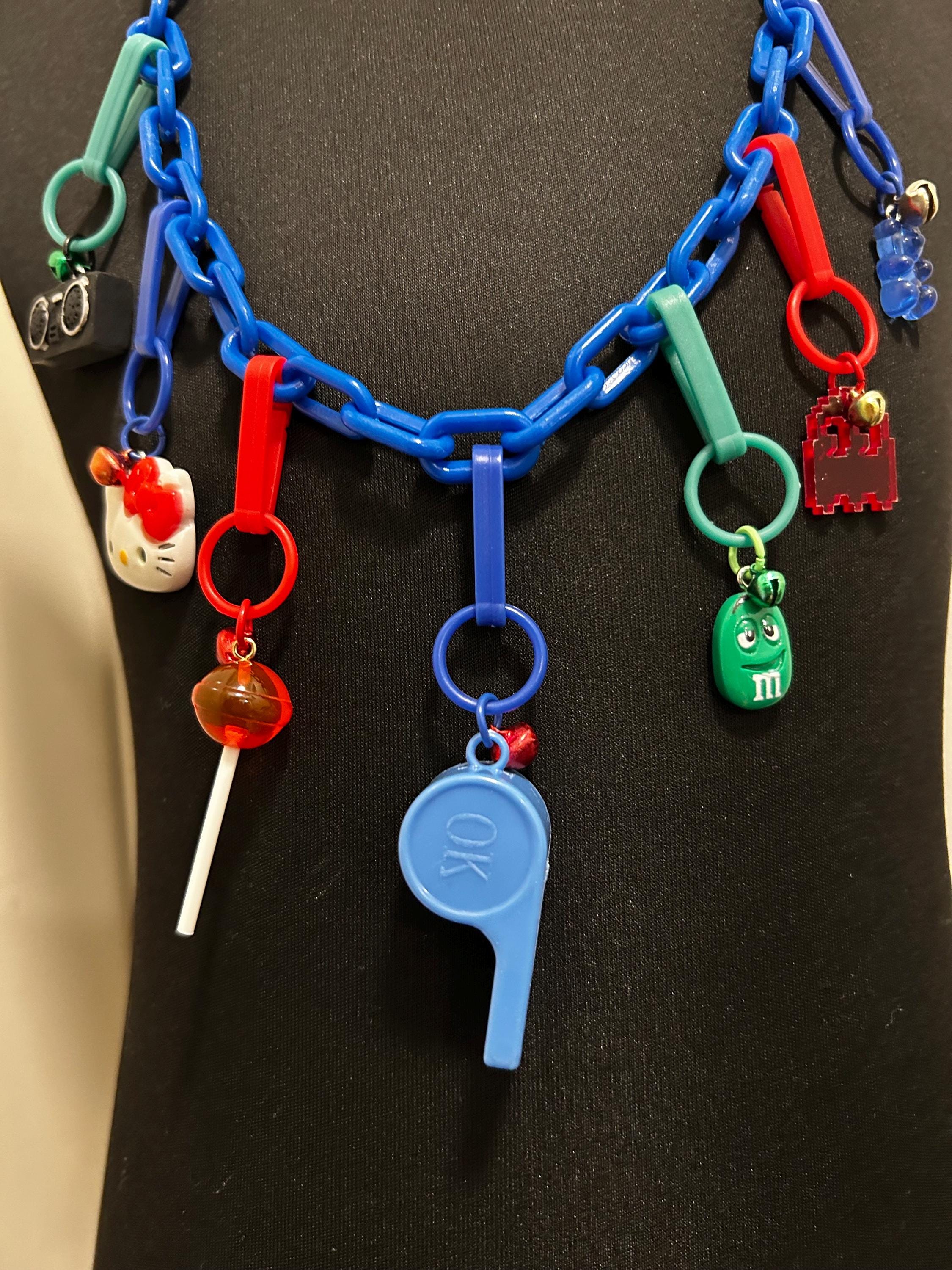 Handmade 80s Style Charm Necklace: Bell Clip Charms, 25in Plastic