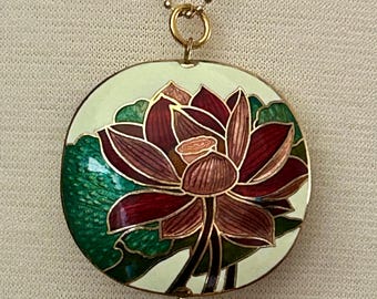 Vintage Cloisonné Lotus Flower Pendant Necklace Gold Tone 17in. Chain