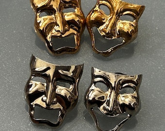 Tragedy and Comedy Laugh now cry later thespian Drama, Theater Mask Vintage Earrings 1990s New Old Stock Comes in Gold tone or Silver tone