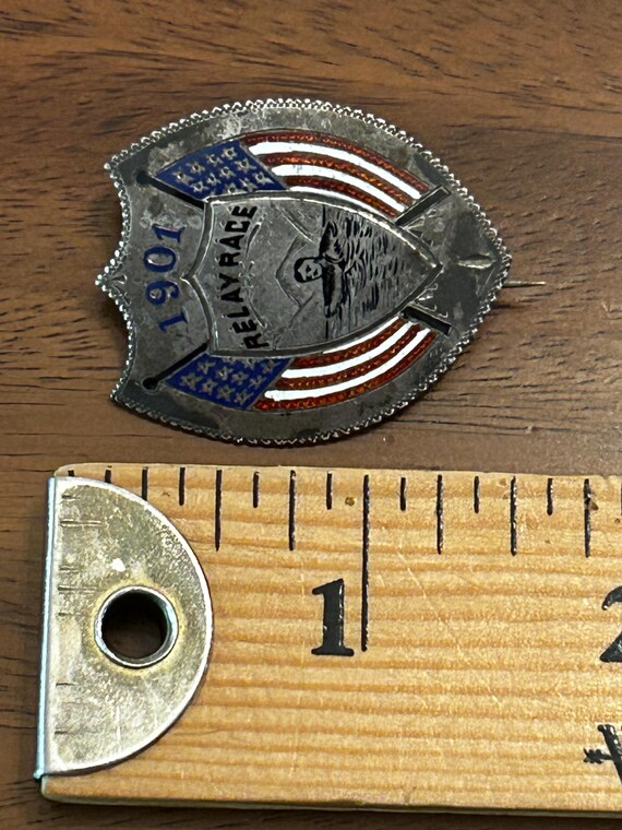 Antique 1901 Relay Race Pin/Brooch Silver Tone with E… - Gem