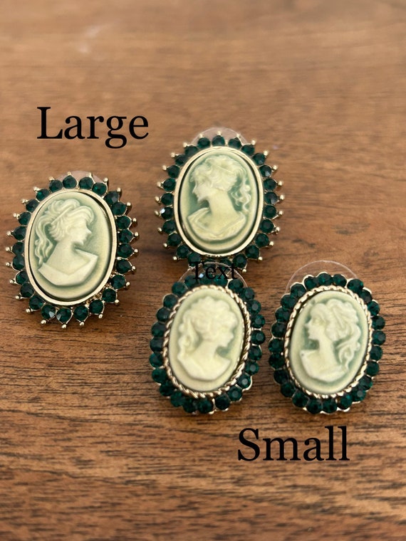 Cameo and Rhinestone Earrings Green and Silver To… - image 2