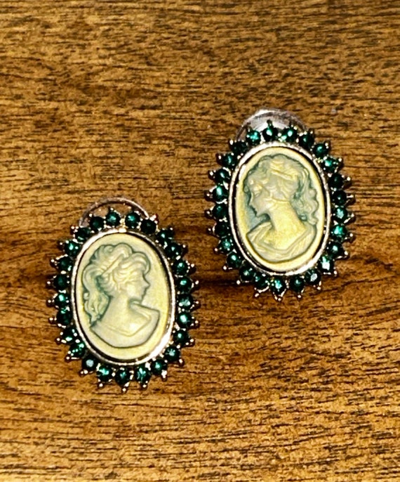 Cameo and Rhinestone Earrings Green and Silver To… - image 5