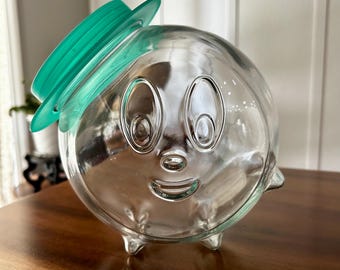 Bocal en verre Borgonovo vintage - Couvercle drôle de tête, rangement, Italie des années 80