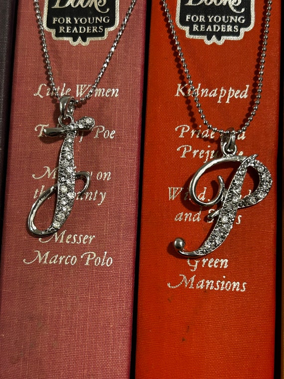 Vintage 1990s Rhinestone Initial Necklace: Silver Tone