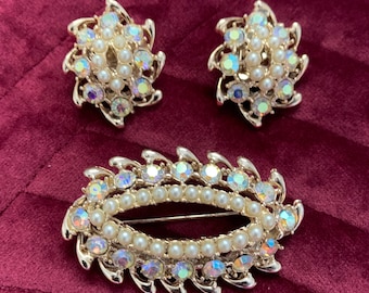Vintage Aurora Borealis Strass-Brosche und Ohrclips im Set