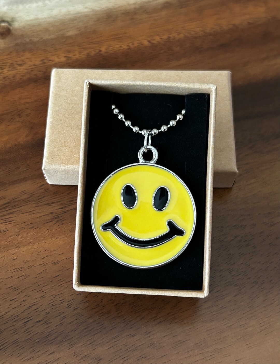 Simley With Chain Vintage 90s Smiley Face Pendant Necklace: Enamel Charm, Stainless Steel ...