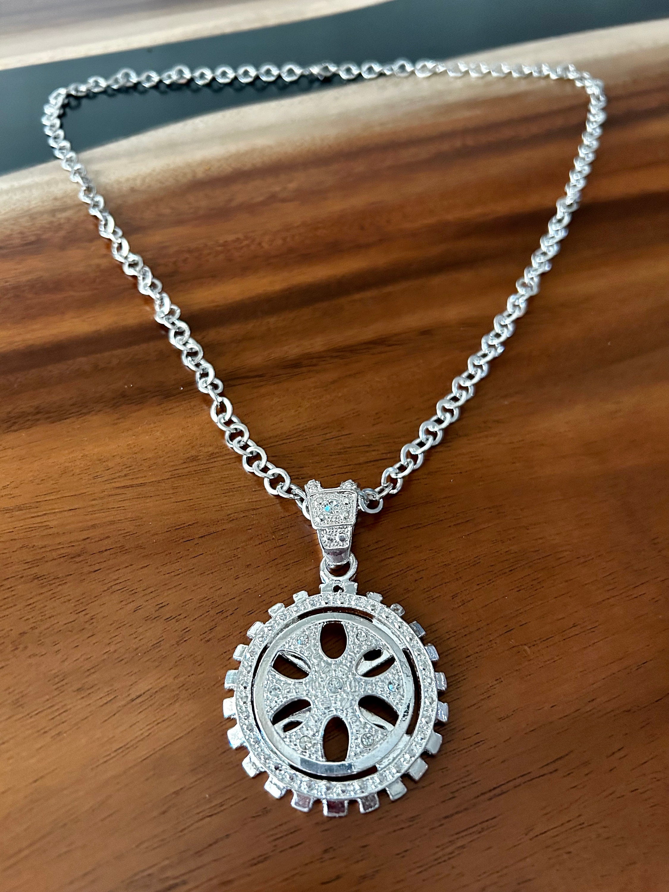 Vintage 1990s Spinner Necklace Silver Tone With Rhinestones Vintage 1990s Spinner Necklace Silver Tone With Rhinestones