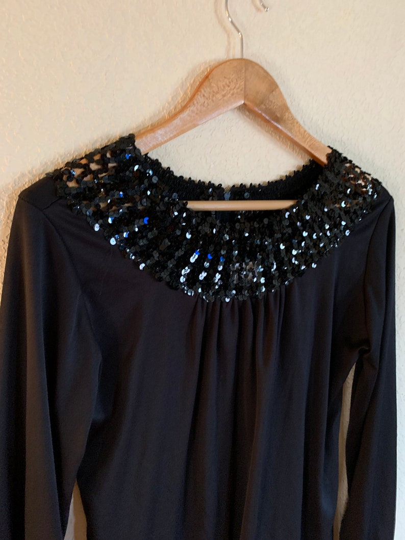 Vintage Teddi California Black blouse with Sequins trim on neck Size 10