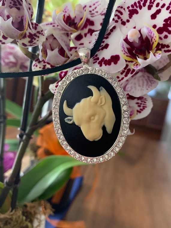 牡牛座のチョーカー：雄牛の樹脂カメオ、ラインストーンシルバー
