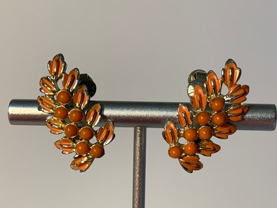 Antique Coro signed Silver and orange flower clip… - image 2