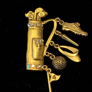 Vintage 1980s Golfers Decorative Pin Brooch Gold Tone with Rhinestones and Charms