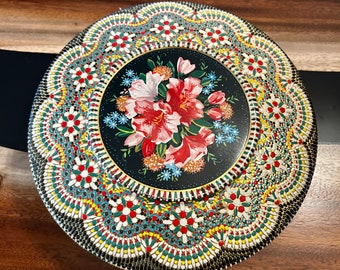 Vintage Tin Embossed Floral Mosaic Decorative Metal Container - Made in Holland - 8" -