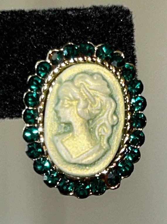 Cameo and Rhinestone Earrings Green and Silver To… - image 10