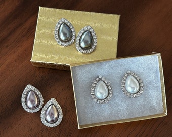Vintage Pearl Teardrop Earrings: Rhinestone Silver Tone, 1990s NOS