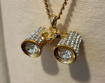 Vintage Opera Binoculars Pendant Gold Tone With Rhinestones 29in Chain GirlProps Made In The USA New old Stock