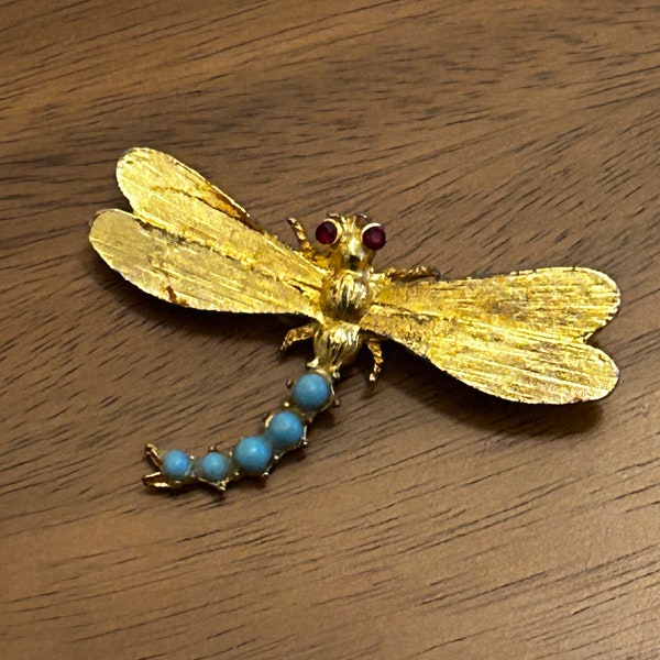 Dragonfly Brooch Gold Tone with Red Gem Eyes and Turquoise Colored Beads vintage 1960s