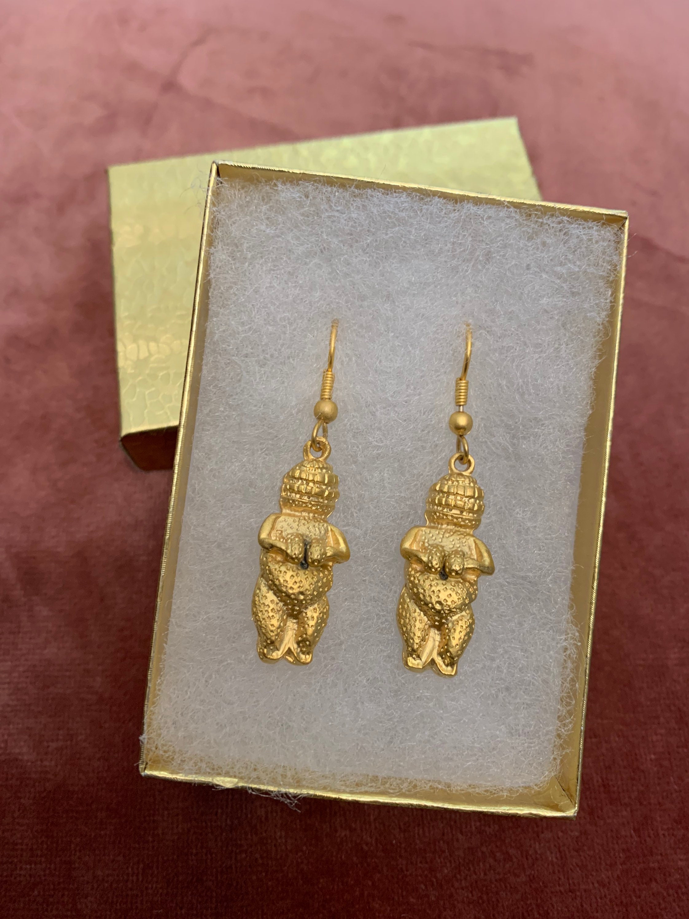 Venus of Willendorf Fertility Goddess Earrings Gold Tone Earrings Vintage 1980s New Old Store Stock