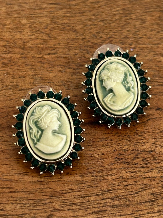 Cameo and Rhinestone Earrings Green and Silver To… - image 3