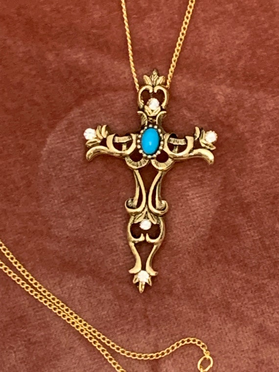 Cross With Rhinestones and faux Turquoise Gold To… - image 6