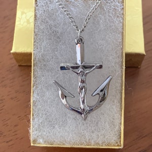 Vintage 1990s Mariner Anchor Crucifix Silver Tone Necklace 18in. Chain New Old Stock