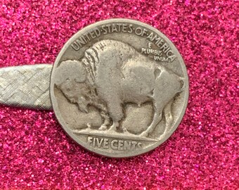 TIE TACK Broche Chaîne Buffalo Bison nickel vintage pièce USA 5 cents 