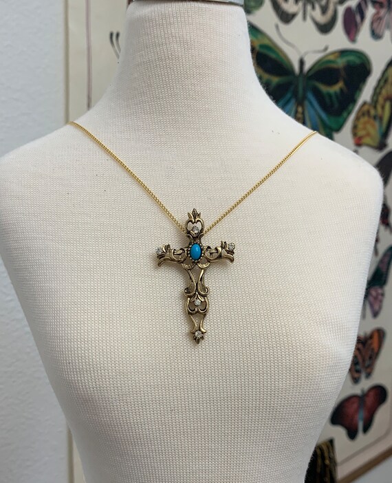 Cross With Rhinestones and faux Turquoise Gold To… - image 1