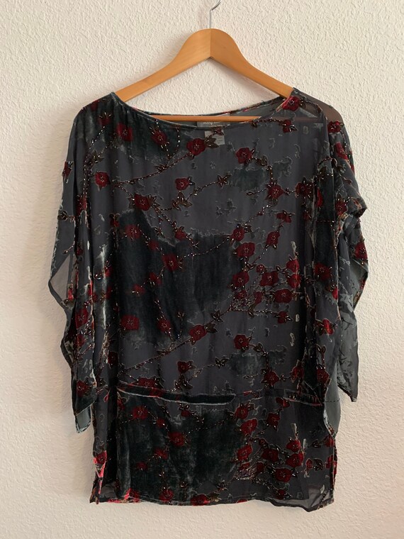 1990s Beaded Velvet SHEER Top with Floral Design W