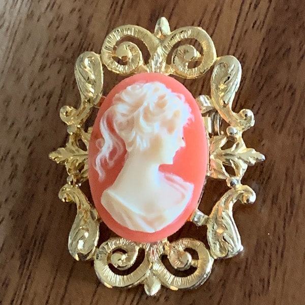 Vintage Cameo Brooch Gold Tone With Scroll design Setting Victorian Revival Style