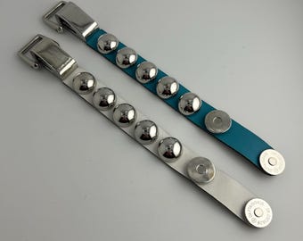 Vintage Leather Studed Cuff Bracelet with fold over magnetic snap buckle closure Silver Tone Hardware 7in. Length New Old Stock