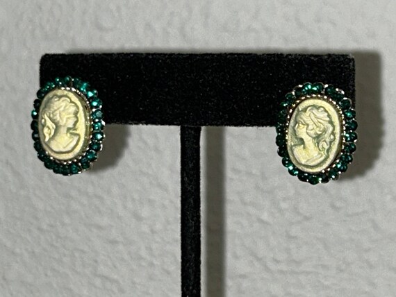 Cameo and Rhinestone Earrings Green and Silver To… - image 4