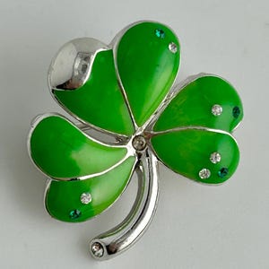 Vintage Solvar 3 Leaf Clover Green Enamel & Crystal Lapel Pin St. Patrick's Day