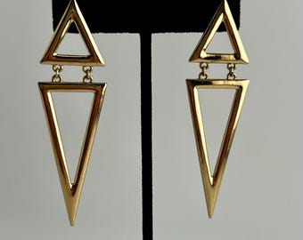 Boucles d'oreilles longues géométriques triangulaires dorées vintage des années 1990
