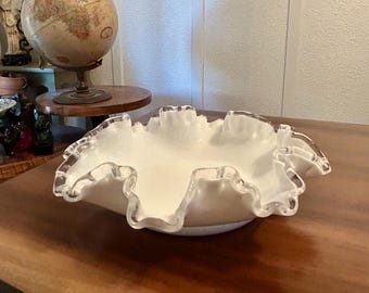 Vintage Fenton Silver Crest Dish, White Milk Glass, Ruffled Edge