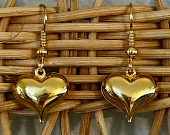 Small Puffy Heart Earrings Gold Tone 1990s New old Stock