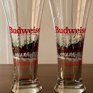 Vintage Beer Pilsner Glasses Budweiser Clydesdales 1989 includes 2, 12 oz. glasses