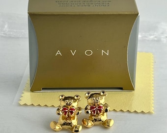 Vintage 1998 Teddy For Pierced Ears Front Back Earrings Teddy Bear Red Bow Gold Plated Surgical Steel Posts New Old Stock Original Packaging