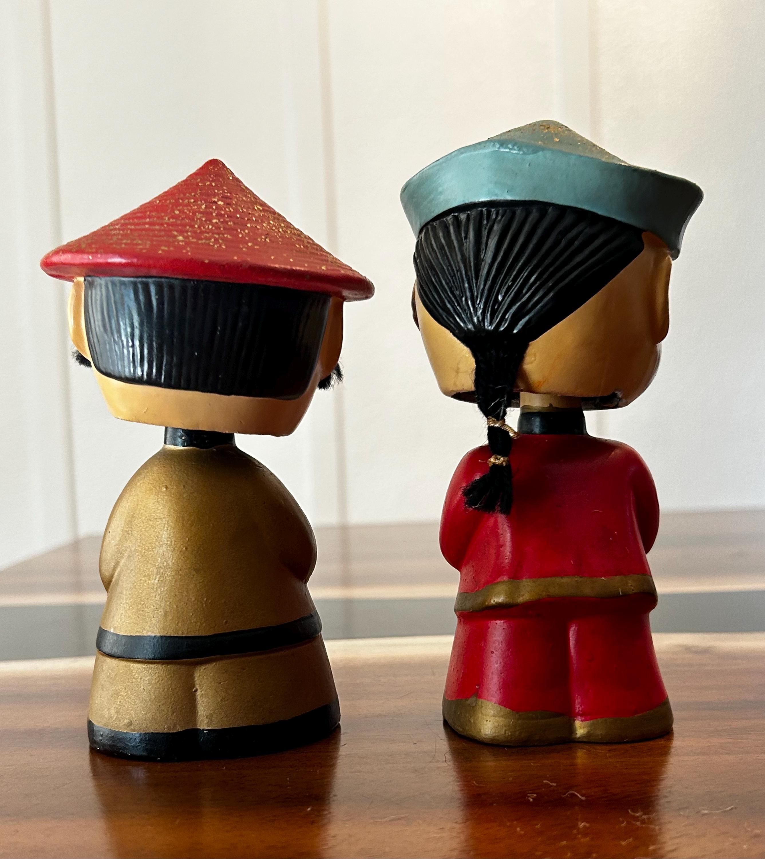 Vintage CDGC Pair of Asian Female Male Mandarin Bobbleheads Hand