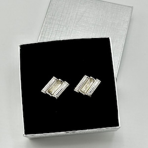 Vintage 1980s Cufflinks ArtDeco style Silvertone with clear stone unbranded